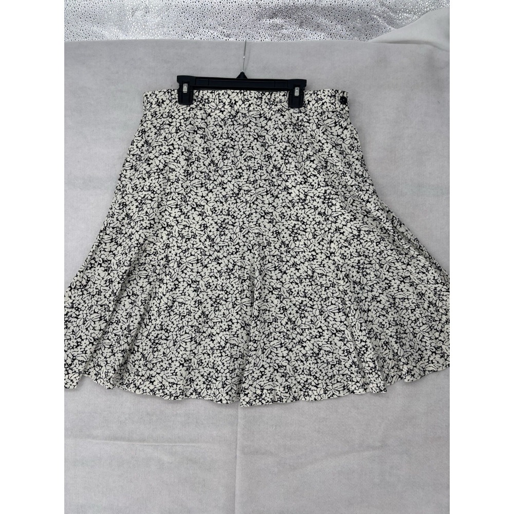 Liz Claiborne Women's 14 Floral A-Line Midi Skirt Black & White Side Zip Pockets